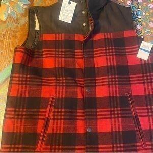 NWT Lucky Brand Southwest Blanket Vest Wool Blend Brown Suede Red Black Plaid